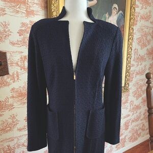 St. John Navy Textured Zip-Front Sweater